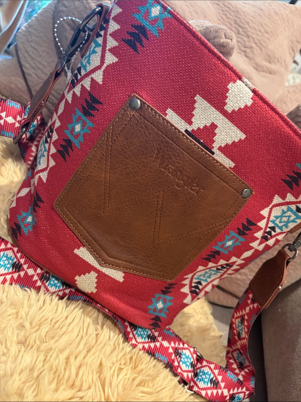 Wrangler Red Aztec Crossbody with Brown Leather Pocket